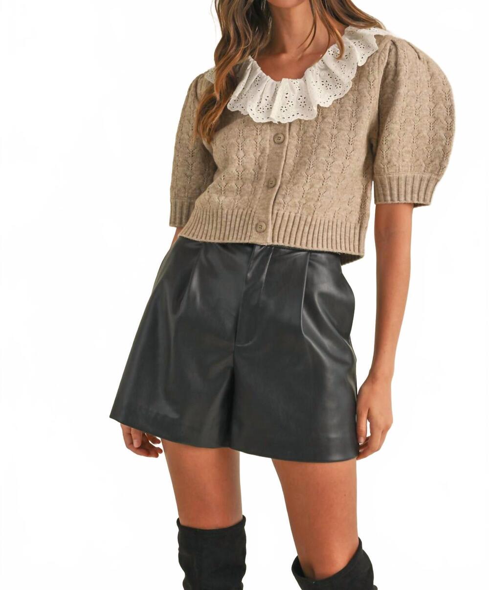 NEW MABLE lace crochet collar pointelle knit cardigan in light mocha